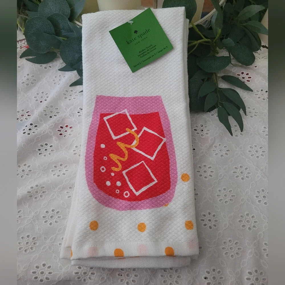 Kate Spade White Towels with Red and Pink Drink Design